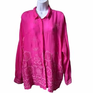 Johnny Was Audrey Embroidery Pink Fuschia Button Down Boho Long Sleeve Shirt XL